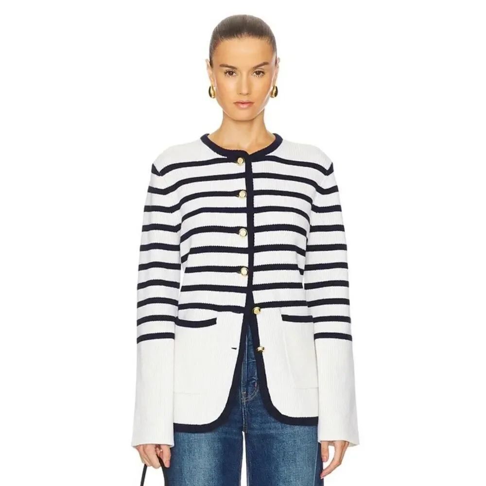 Rag & Bone Nancy Striped Longline Cardigan Ivory Navy Wool Size L